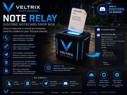 Second Life Marketplace - [VELTRIX] Note Relay - Discord Notecard Drop V3.0